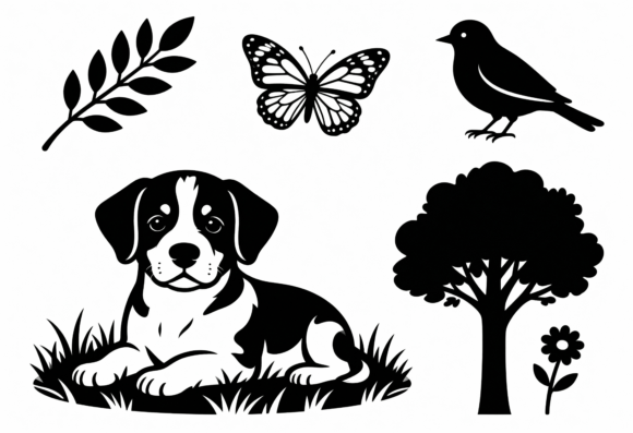 Cute Dog Butterfly Bird Tree Flower SVG