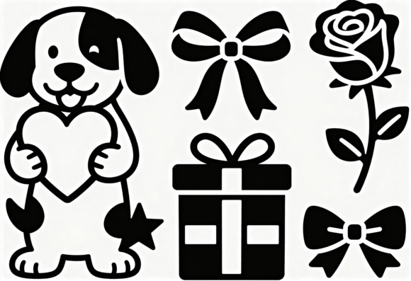 Cute Dog Heart Rose Gift Bow SVG Clipart