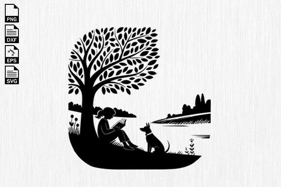 Dog and Girl Under Tree SVG