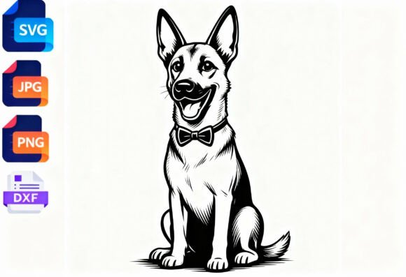 Happy Dog with Bowtie Clipart SVG DXF